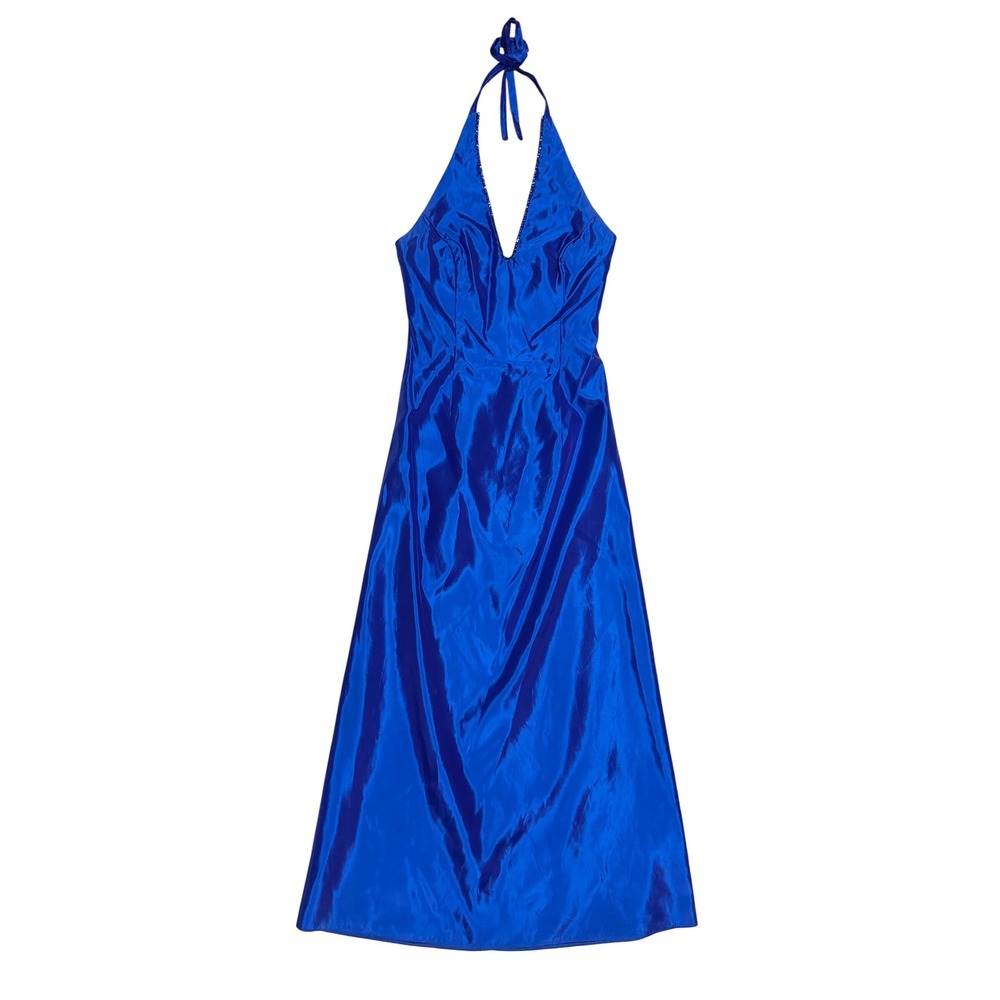 Jessica McClintock for Gunne Sax Blue Satin Halter Gown Dress 7 Vintage USA 90s